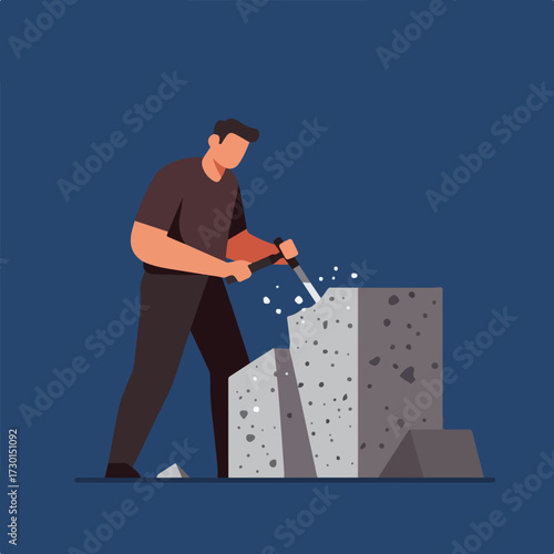 A man chisels a large rock against a dark blue background