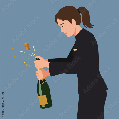 Woman opening champagne bottle, cork flying, in black suit, against gray background