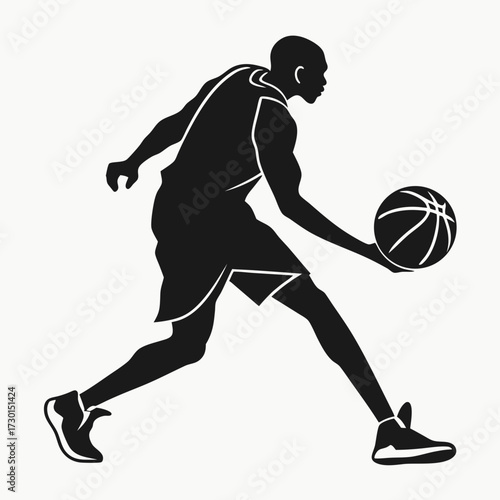 Dynamic silhouette of a male basketball player dribbling the ball with intense focus and athletic movement on a clean white background