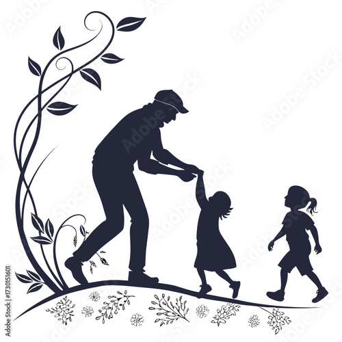 A father wearing a cap is holding hands and dancing with his daughter while his son walks beside them surrounded by decorative floral elements and vines on a white background