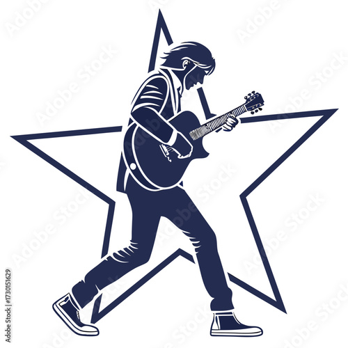 Dynamic silhouette of a male guitarist in a suit playing an electric guitar with a bold star graphic behind him representing fame and stardom