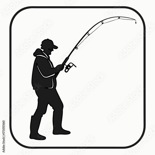A solitary fisherman wearing a cap and jacket stands with a fishing rod silhouetted against a white background within a rounded square frame