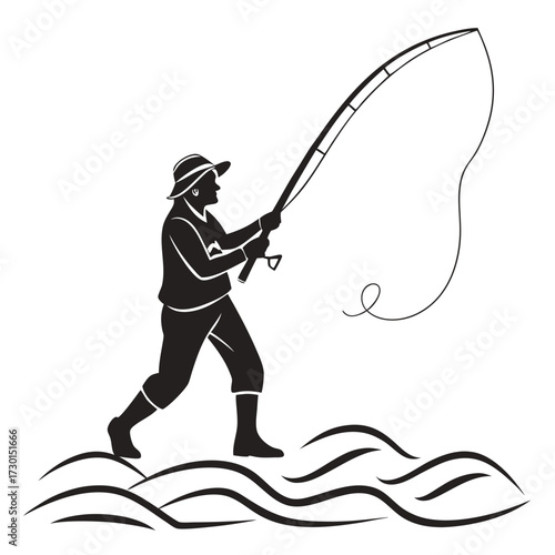 Silhouette of a fisherman wearing a hat and boots actively casting a fishing rod with a curved line representing the fishing line against a white background with stylized waves at the bottom