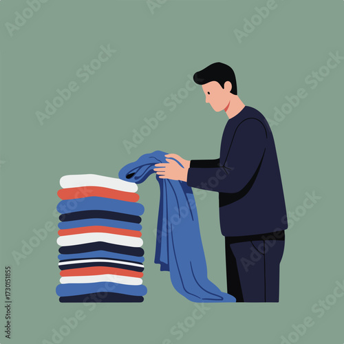 Person folds clothes by a large stack