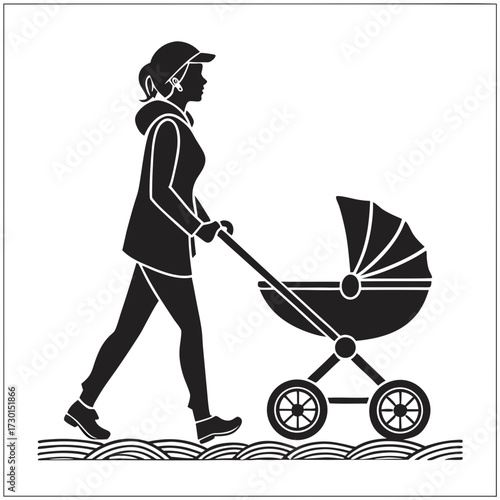 Silhouette of a woman wearing a hooded jacket and baseball cap pushing a vintage baby carriage or pram with large wheels across a wavy ground texture