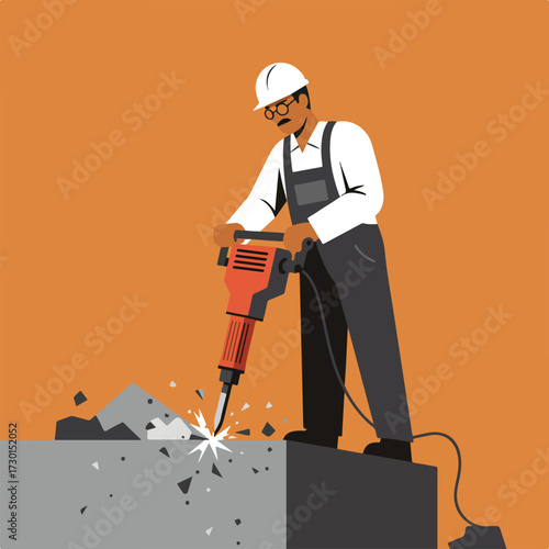 Man with jackhammer breaking pavement against an orange backdrop