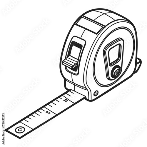 A detailed black and white line drawing illustration of a retractable tape measure tool with its metal tape extended and markings visible on a white background