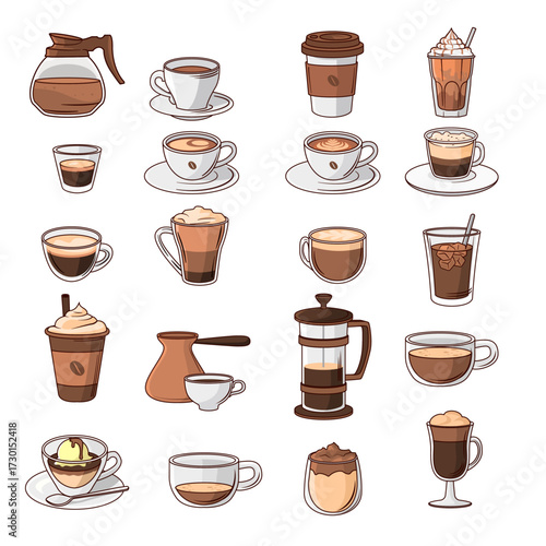A big set of coffee drink icons featuring Iced Coffee with Cream, Espresso Shot, Cappuccino, Latte, Mocha, Americano, Macchiato, and more, designed in a colorful cartoon style on a white background