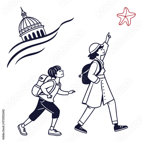 Two people with backpacks a child and an adult are exploring and looking up at a red star and a domed building in the distance