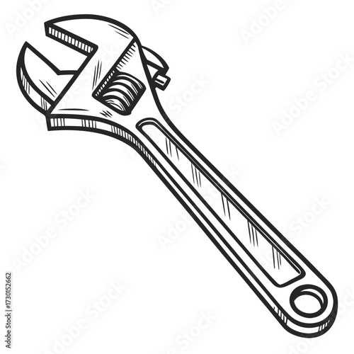 A hand drawn sketch of an adjustable wrench tool isolated on a white background representing repair and mechanical work