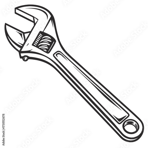 A black and white illustration of a single adjustable wrench also known as a monkey wrench isolated on a white background showcasing its mechanical design and utility