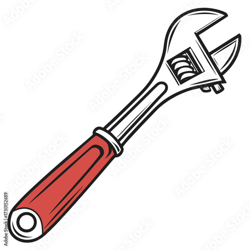 A stylized illustration of a red handled adjustable wrench with a metallic head and jaws isolated on a white background