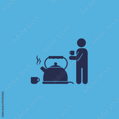 Hot tea. Person stands by kettle holding cup on light blue background