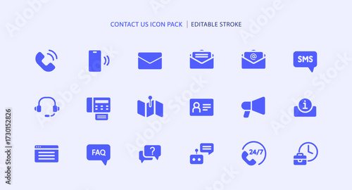 Contact us business icon set for customer service and call center. Communication support by email, mobile phone, sms marketing, ai chatbot automation and FAQ information on website in 24 hours.