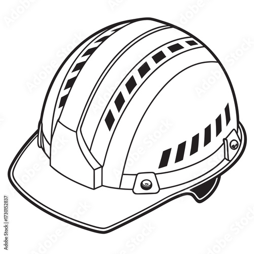 A detailed isometric line art illustration of a modern safety hard hat with reflective stripes and a brim for head protection on a white background