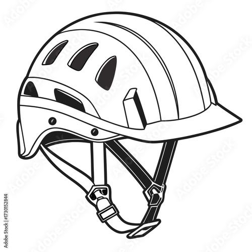 A detailed black and white line drawing illustration of a modern bicycle helmet with vents and straps for safety and protection during cycling activities