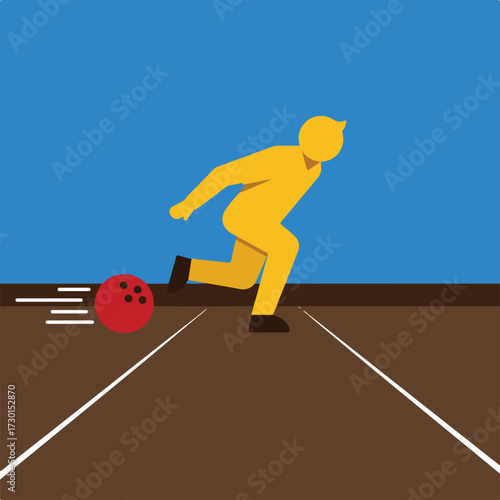 Flat graphic of person bowling with red ball in motion on brown lane