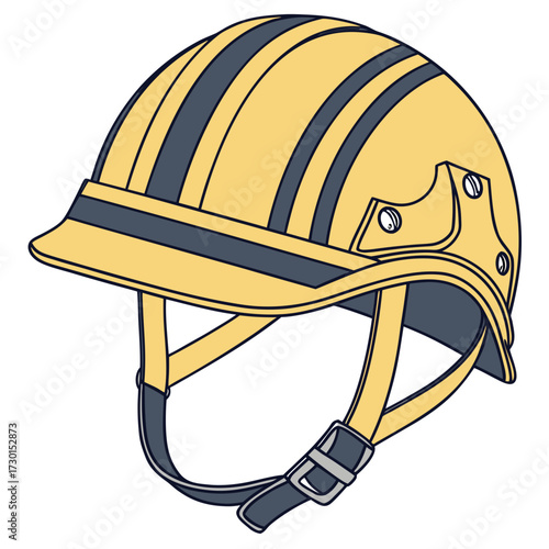 A detailed illustration of a yellow and dark blue striped hard hat with a chin strap and buckle isolated on a white background representing safety and construction