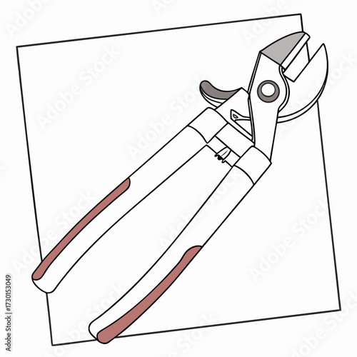 A simple line drawing illustration of a pair of heavy duty bolt cutters with red grip accents on white background within a black border