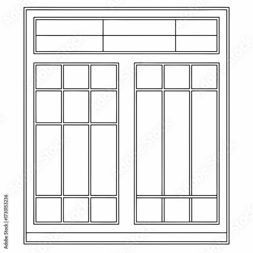 A detailed architectural blueprint drawing of a modern window frame with multiple panes and a decorative header section for design and construction planning
