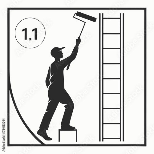 Painter on a ladder painting a wall with a roller