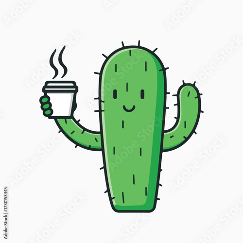 Cute Cartoon Cactus Character Holding Coffee Cup Vector Illustration.