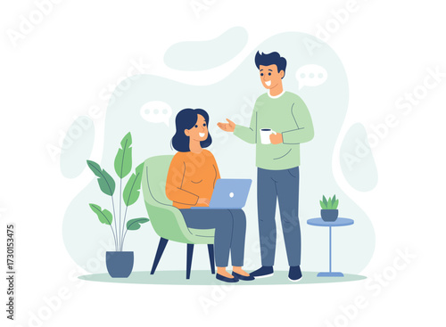 Team Discussion in Office Lounge Flat Vector Illustration
