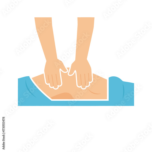 Hands massaging a person's back, lying on a blue surface, depicting relaxation and therapeutic touch.