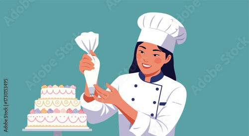 Woman baker decorates three-tiered cake with a pastry bag on mint background