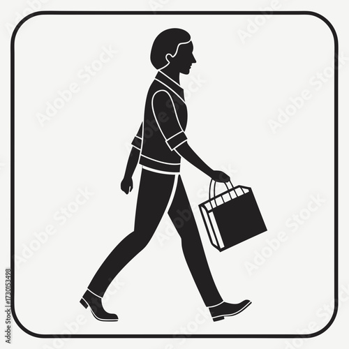 A stylized black silhouette of a person walking with a shopping bag in their hand depicted within a rounded square frame against a white background