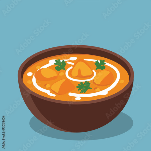 Illustration of orange curry in brown bowl with cream swirls and parsley