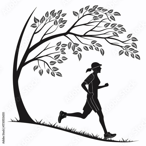 Silhouette of a woman running outdoors under a stylized tree with leaves symbolizing healthy lifestyle and outdoor activity