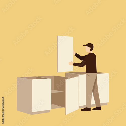 Person adding cabinet door to unfinished furniture on a pale yellow backdrop