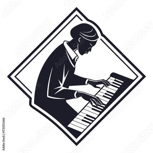 Silhouette of a pianist playing a piano inside a diamond frame