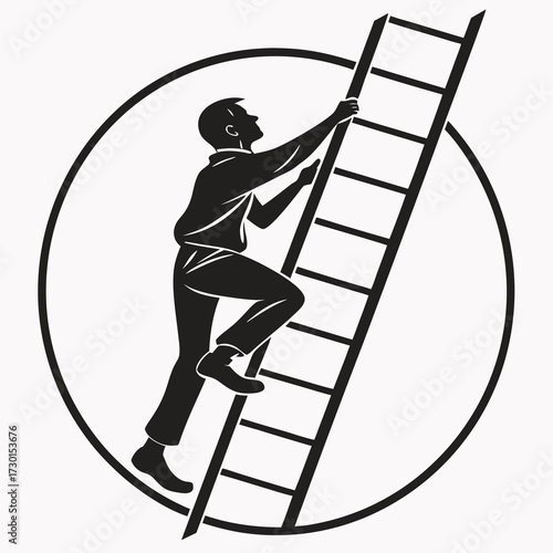 Silhouette of a determined person climbing a tall ladder towards the top within a circular frame representing progress and achievement