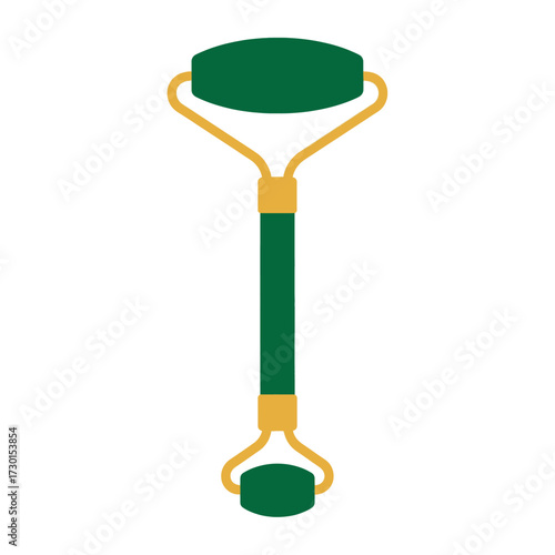 Illustration of a green jade roller with gold metal accents, isolated on a white background, used for facial massage and skincare.
