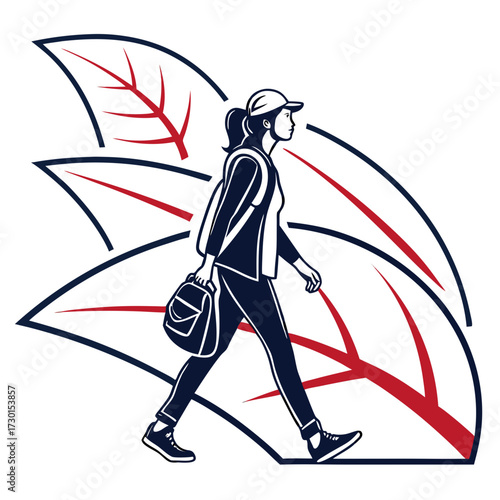 Stylized illustration of a young woman wearing a cap and backpack walking forward with abstract leaf shapes in the background representing nature and movement