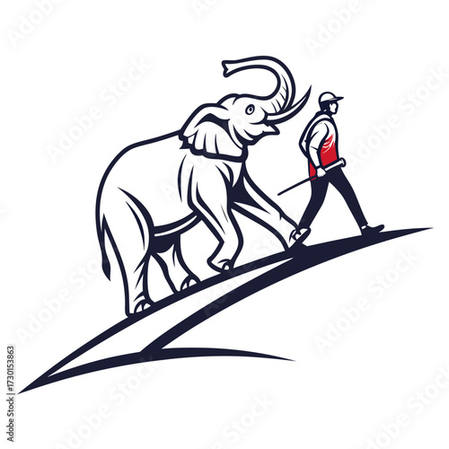 A stylized illustration of a man in a baseball cap and vest walking alongside a large elephant on a sloping path