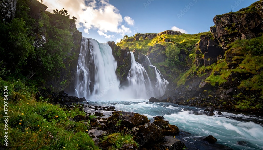 Fototapeta premium Majestic waterfall cascading down rocky cliffs into a rushing river, bathed in sunlight