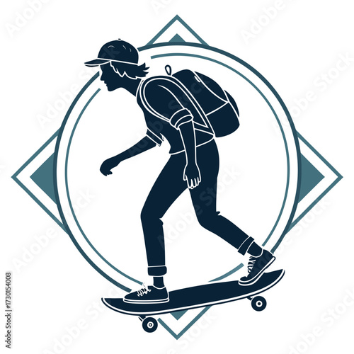 A skateboarder with a backpack rides a skateboard