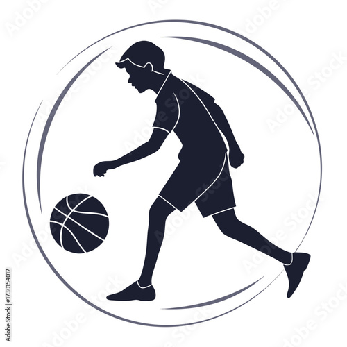 Silhouette of a young boy dribbling a basketball within a circular graphic element representing motion and sport