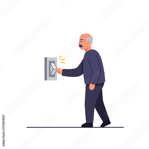 Man flips a light switch, wearing blue attire, with simple flat vector style