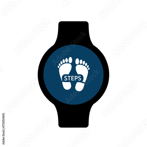 A black smartwatch displays a blue circular icon featuring footprints and the word "STEPS".