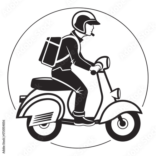 A stylized black and white graphic illustration of a delivery person wearing a helmet and backpack riding a scooter within a circular frame