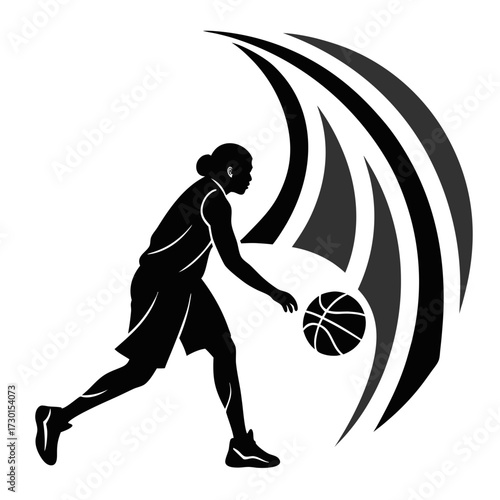 Dynamic silhouette of a female basketball player dribbling the ball with abstract swirling lines representing motion and energy