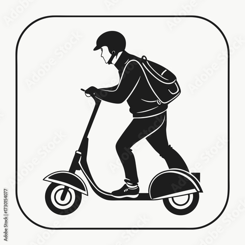 Silhouette of a person wearing a helmet and backpack riding an electric scooter in a rounded square frame