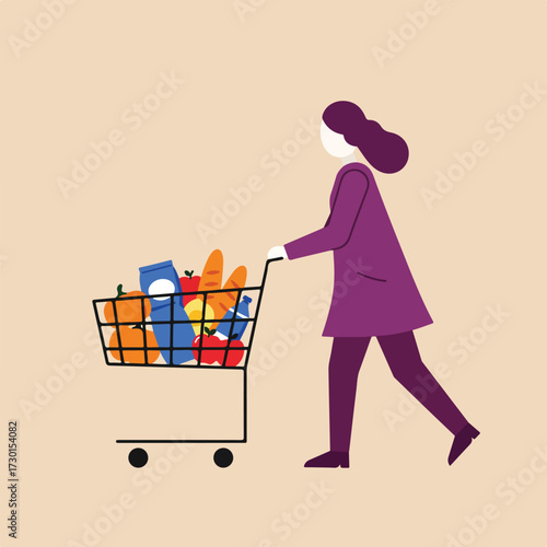 Woman pushing full shopping cart, flat design