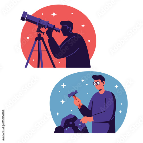 Two cartoon scientists; one gazes through telescope, other breaks rock
