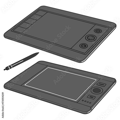 A digital drawing tablet and stylus are shown from a slightly elevated perspective against a white background showcasing their design and functionality for artists and designers
