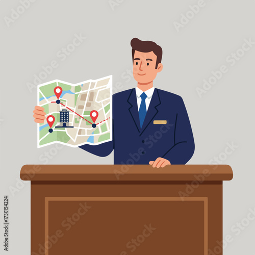 Employee at reception desk shows visitors locations using a city map